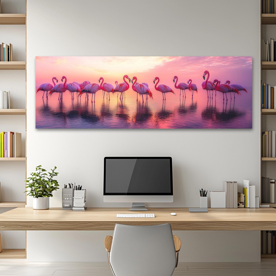 Pink Flamingos Sunset Lake Panoramic Tropical Birds Wall Art Poster - Image 2