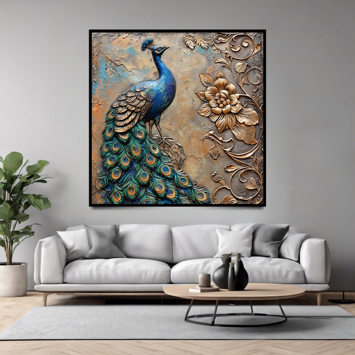 Regal Peacock 3D Relief Embossed Gold Ornate Floral Square Art Print - Image 4