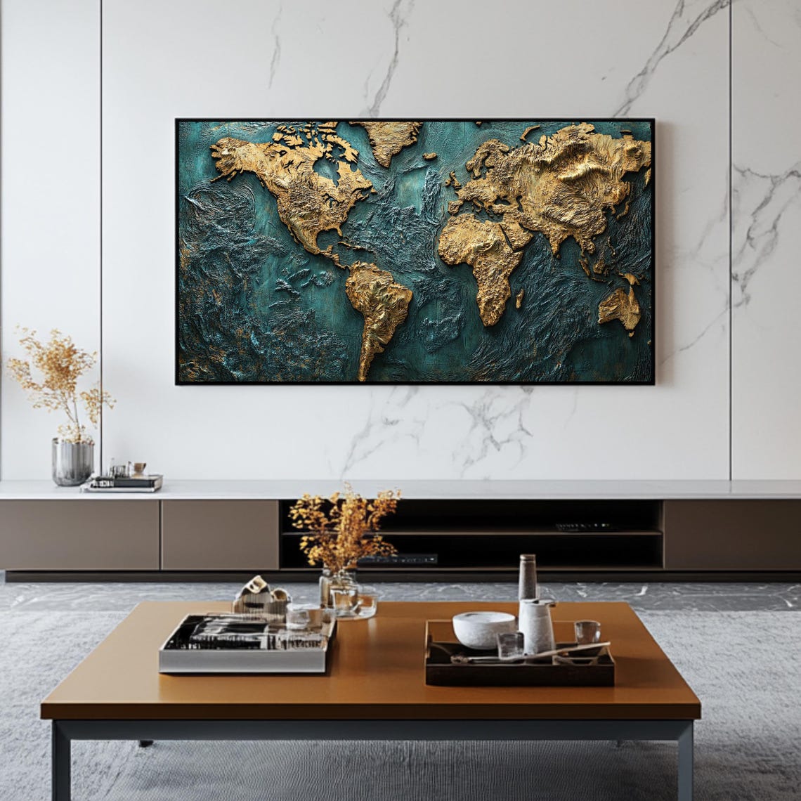 Gold And Teal Textured World Map Relief Art Continents Wall Poster - Image 2