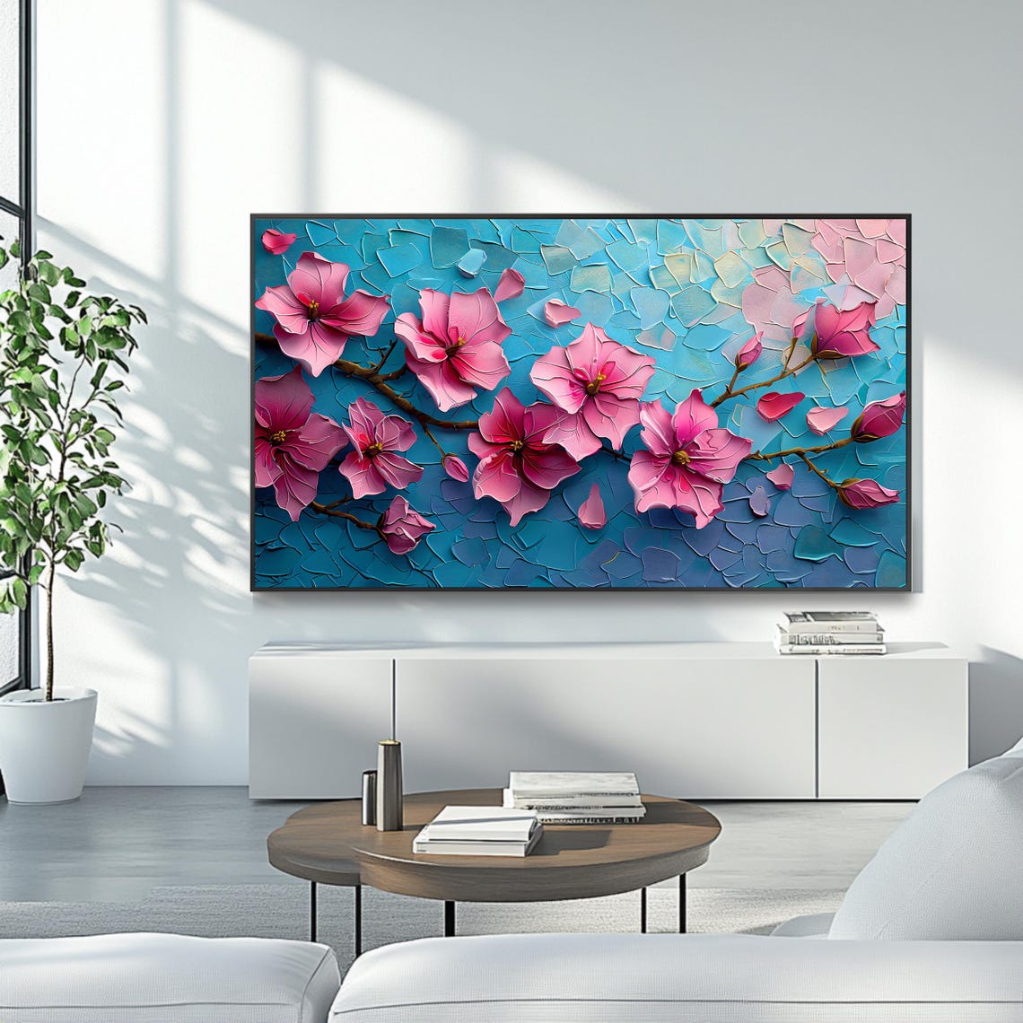 Pink Cherry Blossom Branch Turquoise Impasto Floral Painting Wall Art - Image 4