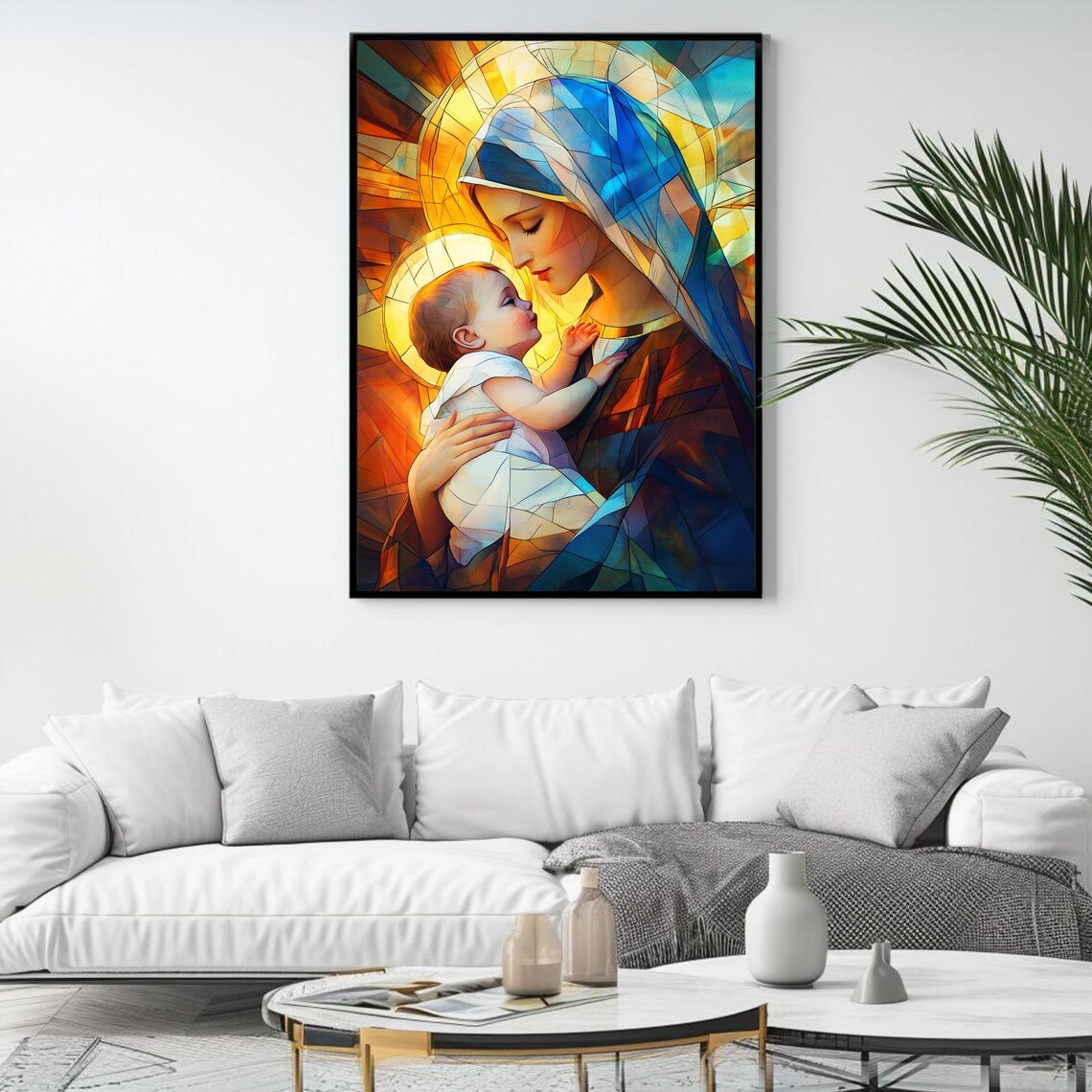 Virgin Mary And Jesus Stained Glass Madonna Child Golden Religious Art Print - Image 4