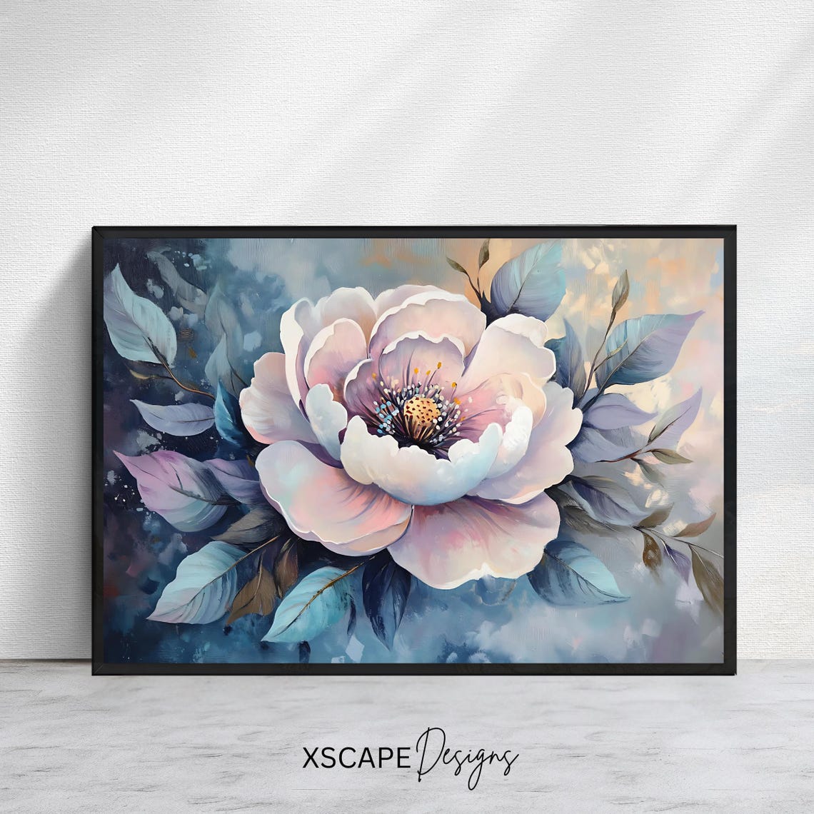 White Peony Flower Soft Pink Petals Blue Leaves Botanical Poster