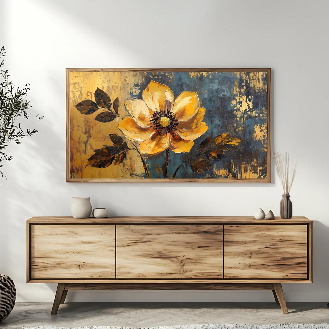 Golden Yellow Flower Abstract Impasto Botanical Modern Art Poster - Image 3