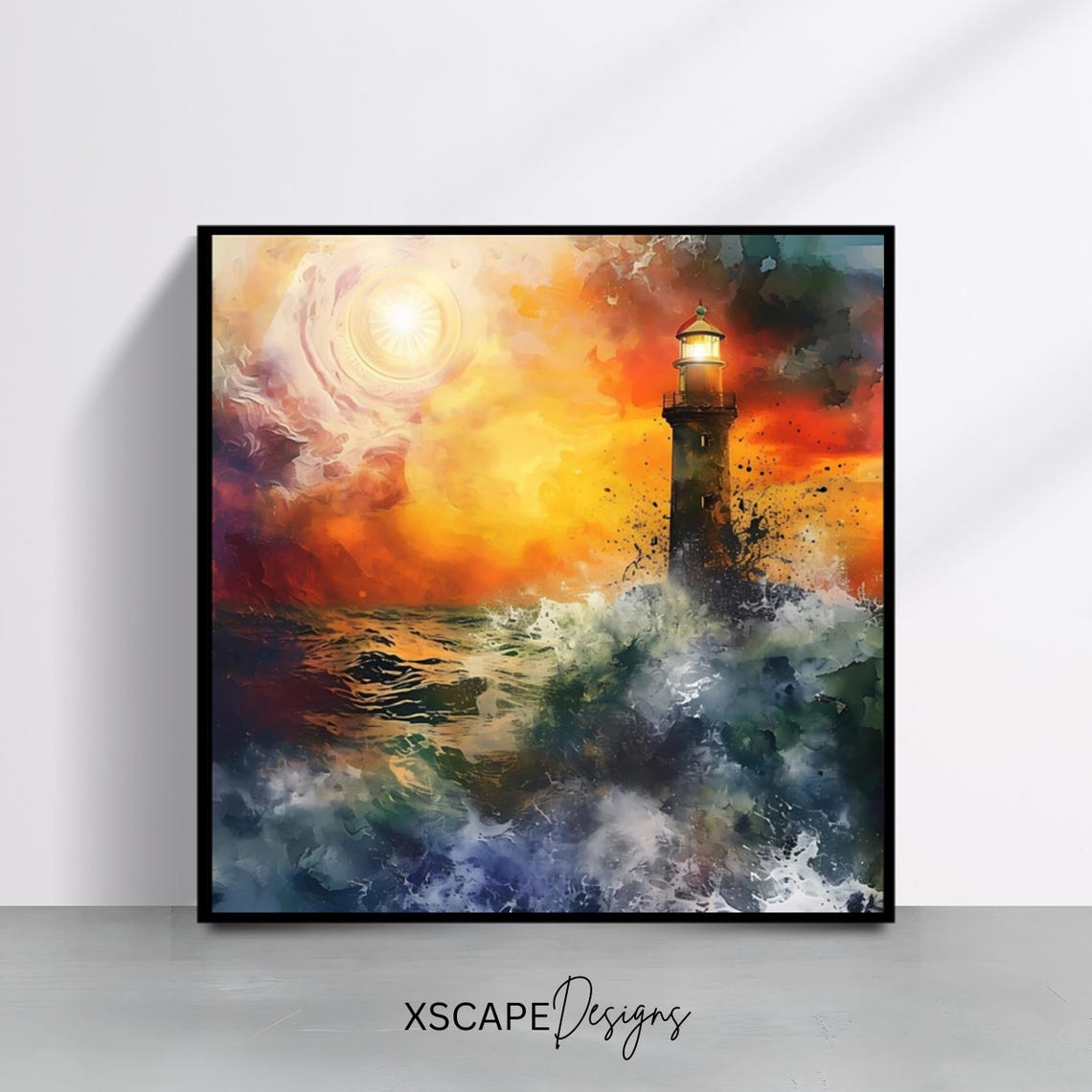 Lighthouse Sunset Wall Art Print Nautical Square Artwork Ocean Themed