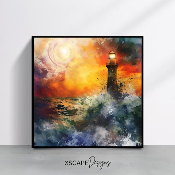 Lighthouse Sunset Wall Art Print Nautical Square Artwork Ocean Themed
