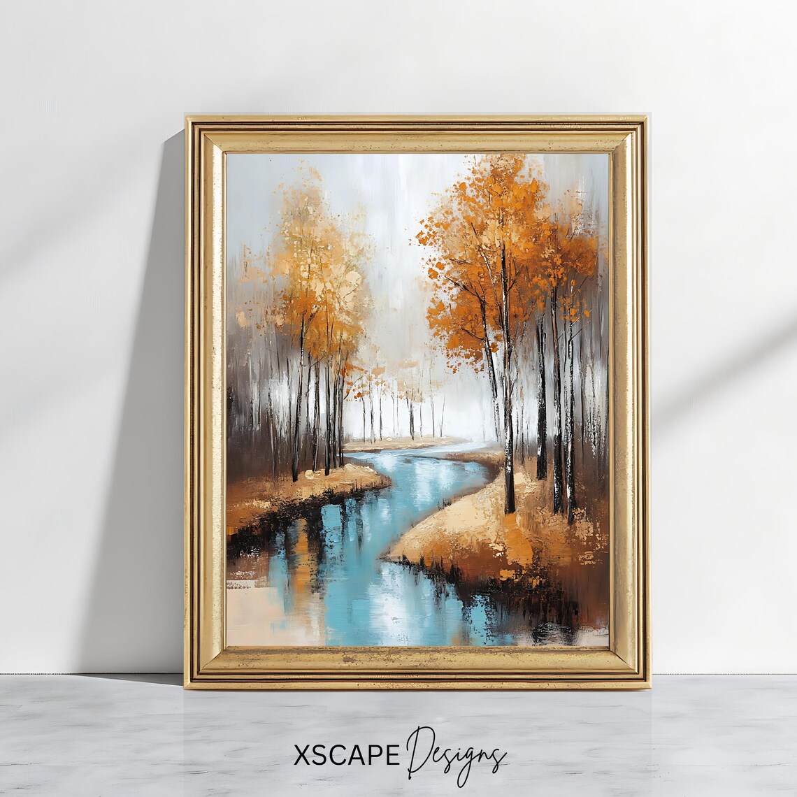 Autumn Forest Winding River Golden Foliage Misty Landscape Art Poster