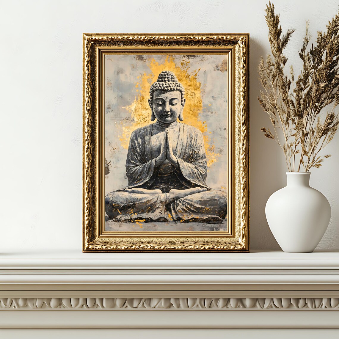 Buddha Statue with Golden Halo Hands in Prayer Painting Poster - Image 3