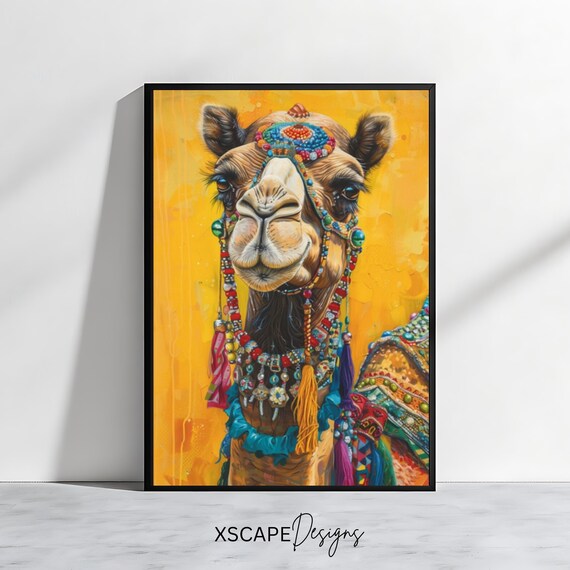 Decorated Camel Colorful Beads Golden Background Boho Art Poster