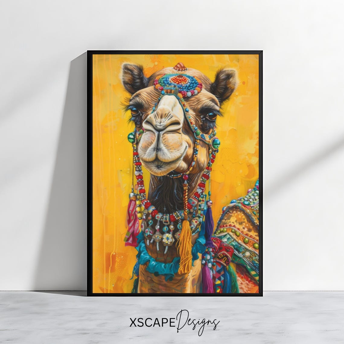 Decorated Camel Colorful Beads Golden Background Boho Art Poster