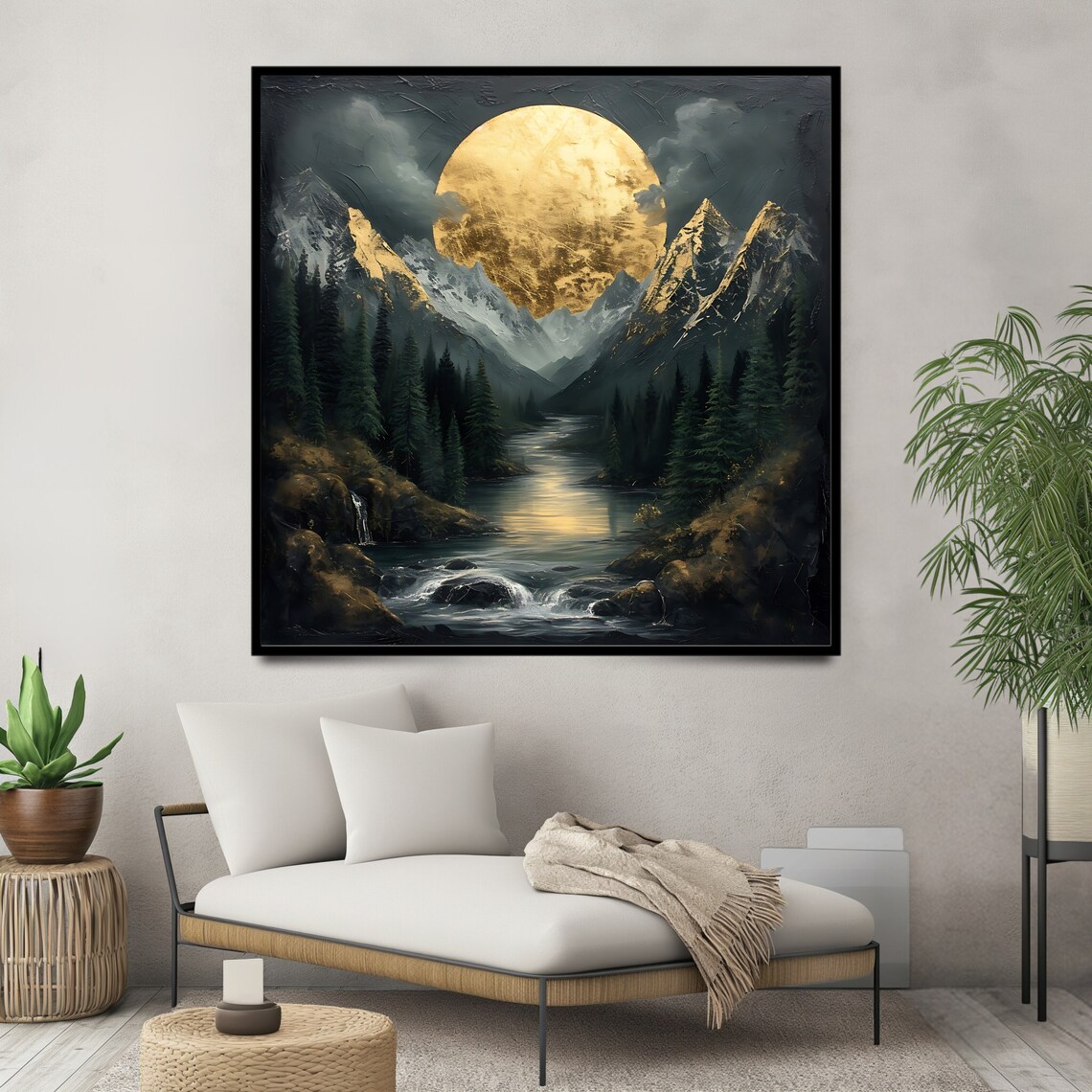 Giant Golden Moon Rising Over Snowy Mountain River Night Landscape Poster - Image 2