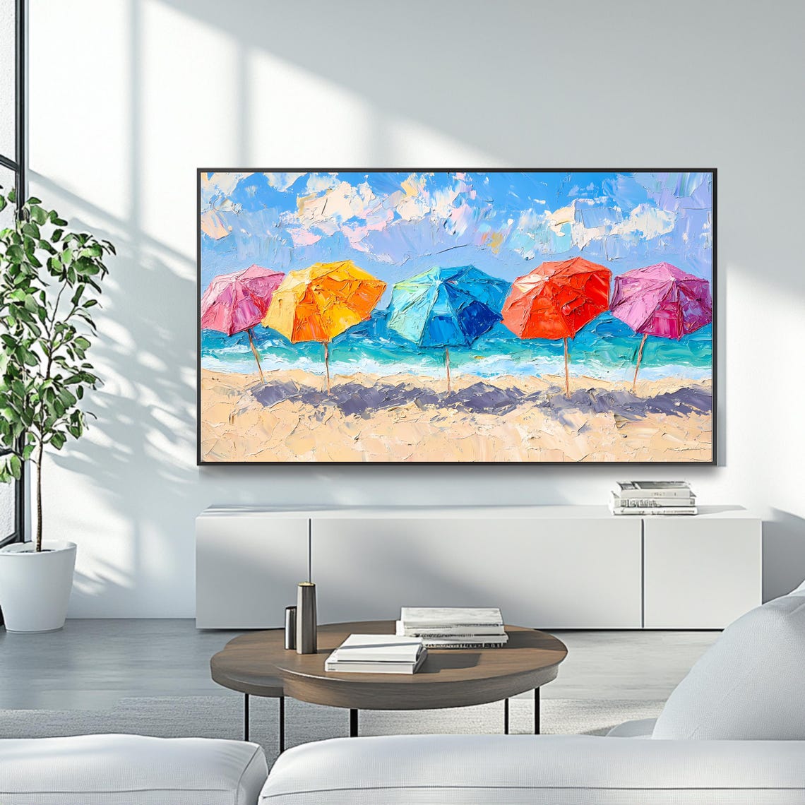 Colorful Beach Umbrellas Sandy Shore Ocean Waves Summer TV Art Poster - Image 4
