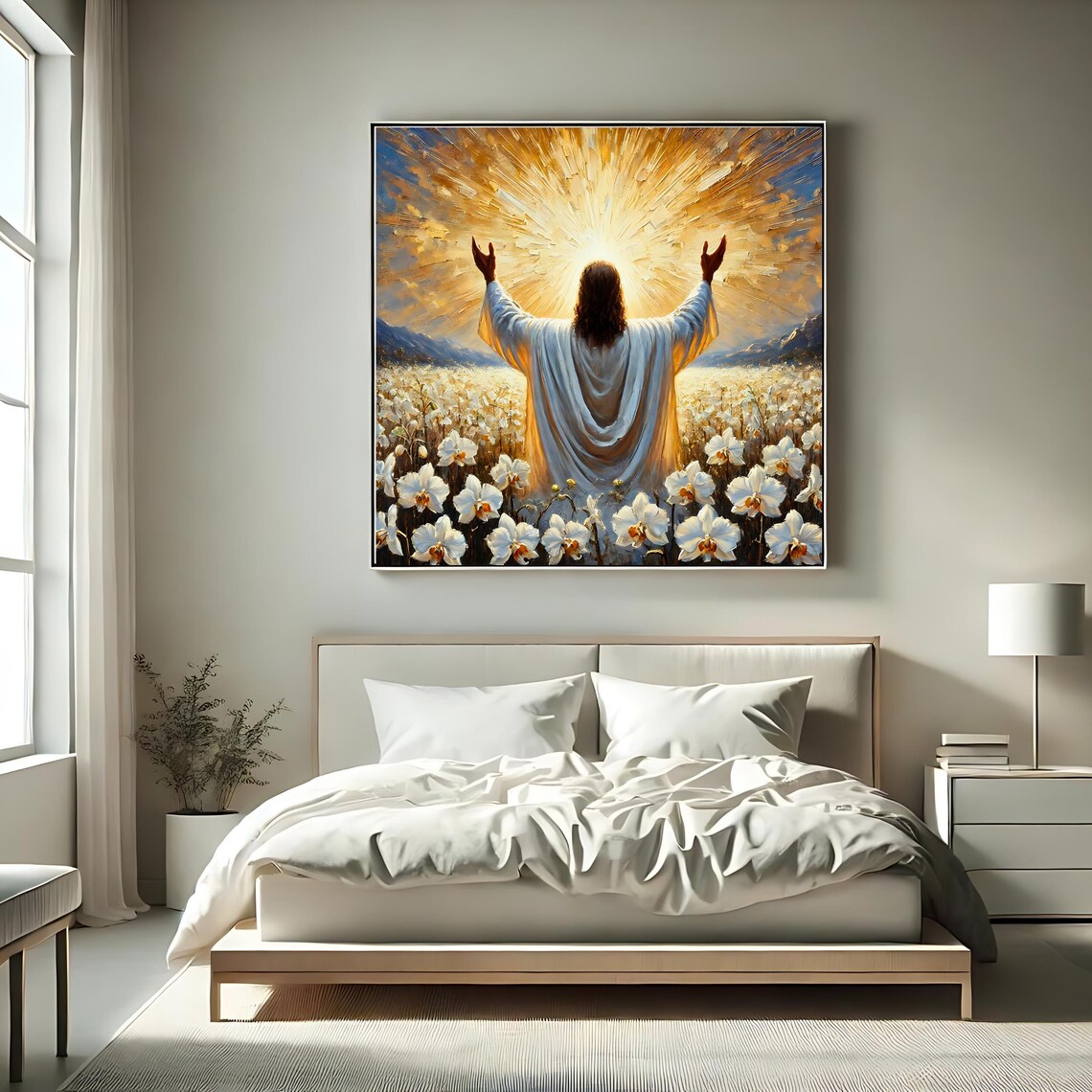 Jesus Christ Arms Raised White Flower Field Sunrise Christian Art Poster - Image 2