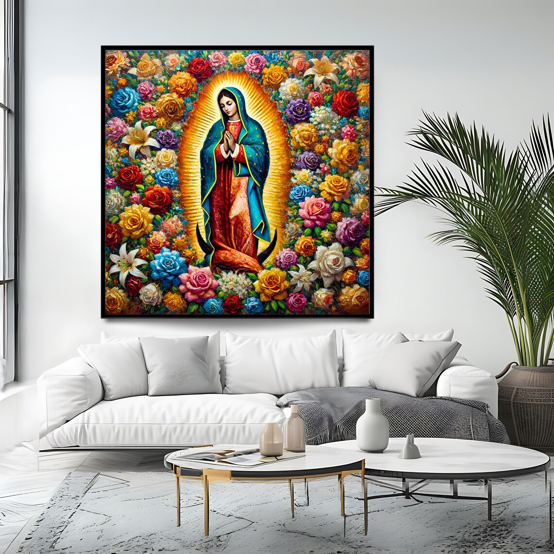 Our Lady Of Guadalupe Golden Halo Among Colorful Roses Art Print Poster - Image 4