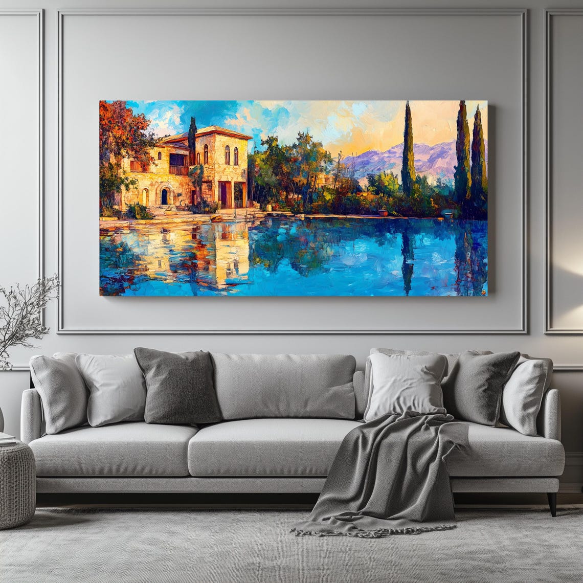 Mediterranean Villa Water Reflection Cypress Panoramic Travel Poster - Image 4
