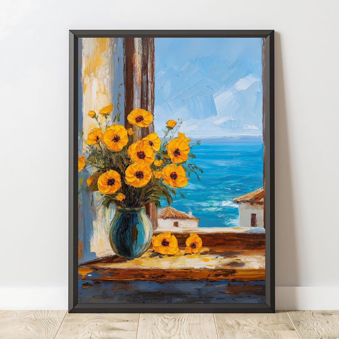 Yellow Flowers In Teal Vase Seaside Window Ocean View Coastal Poster - Image 2