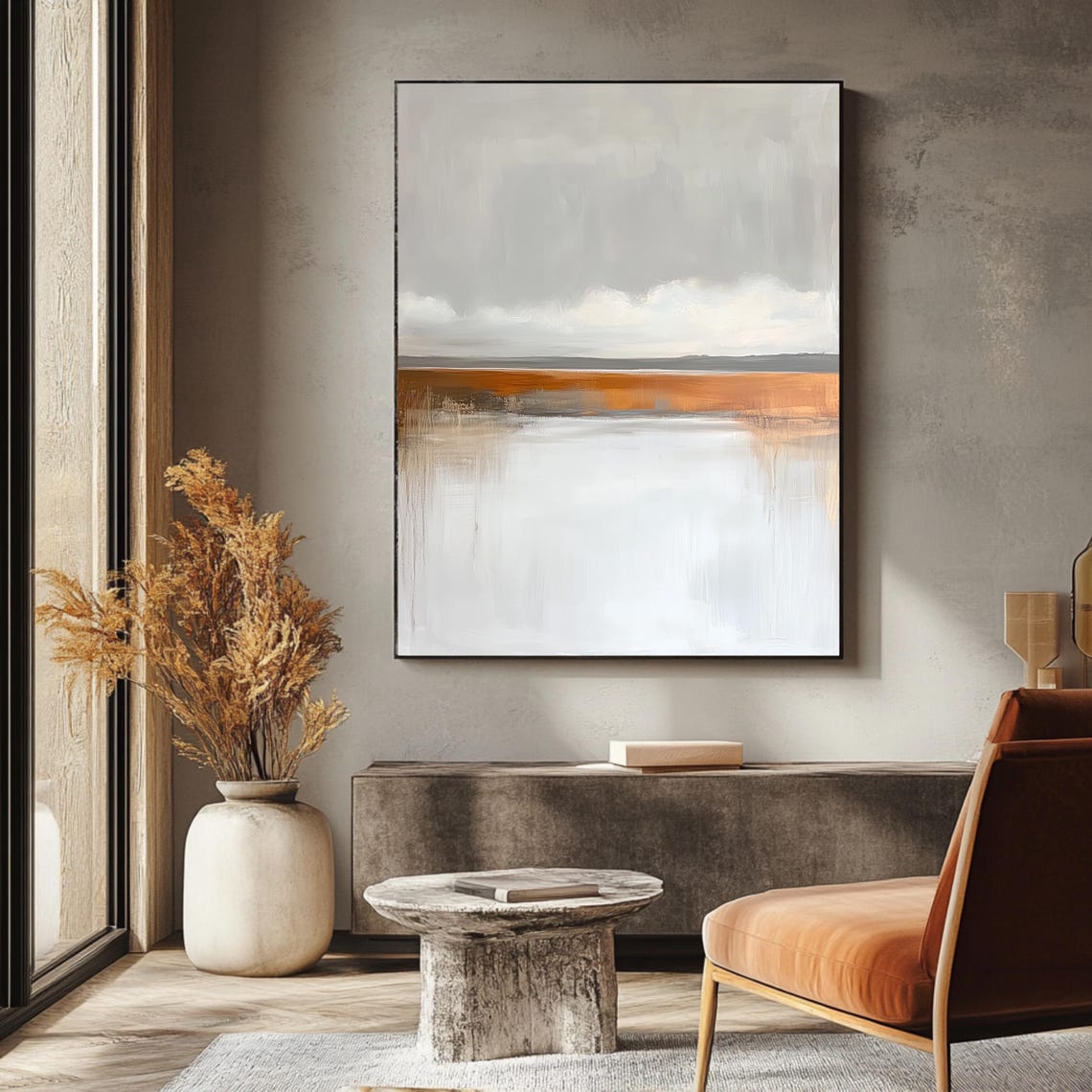Minimalist Abstract Coastline Gray Burnt Orange Modern Seascape Poster - Image 3