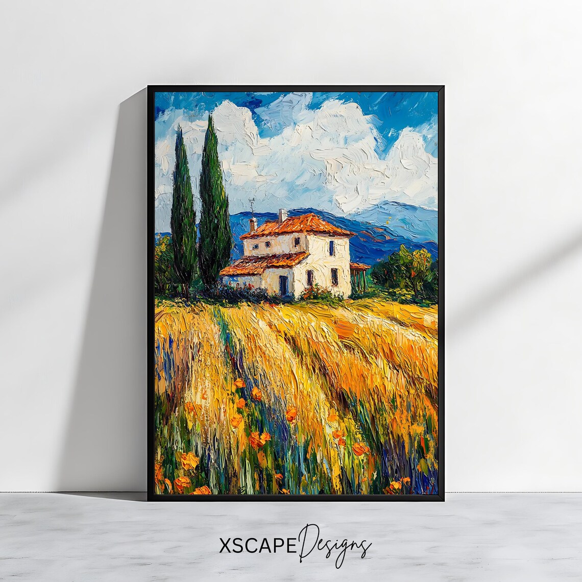 Tuscan Farmhouse Golden Wheat Field Cypress Trees Italy Travel Poster
