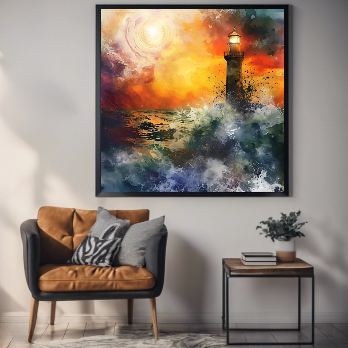 Lighthouse Sunset Wall Art Print Nautical Square Artwork Ocean Themed - Image 2