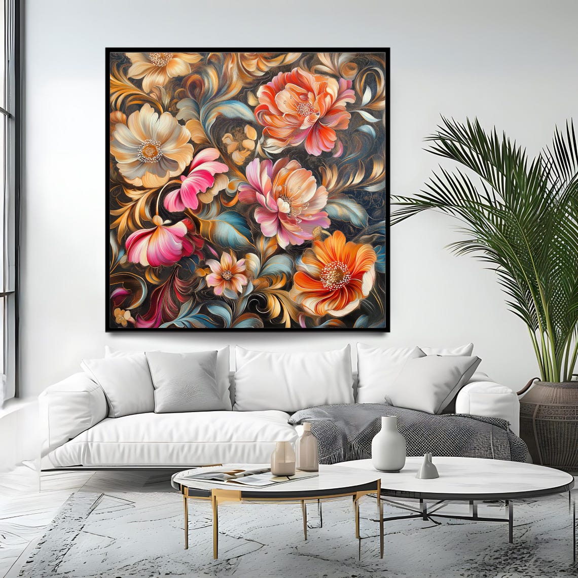 Elegant Ornamental Floral Bouquet Cream Peach Blossom Dark Wall Art - Image 4