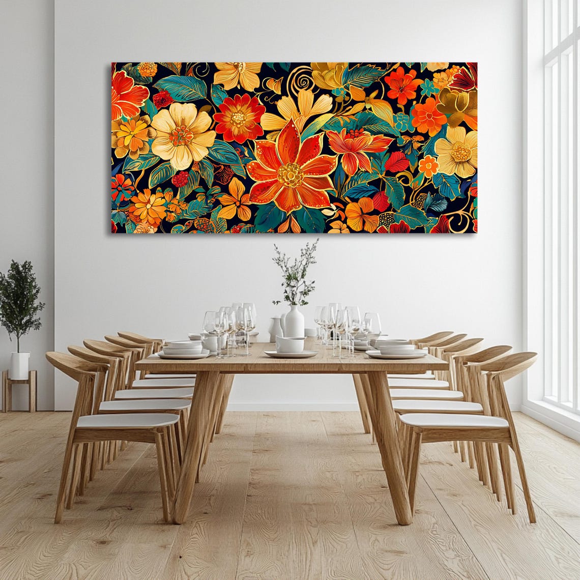 Bright Orange Floral Pattern Dark Navy Panoramic Botanical Art Poster - Image 3