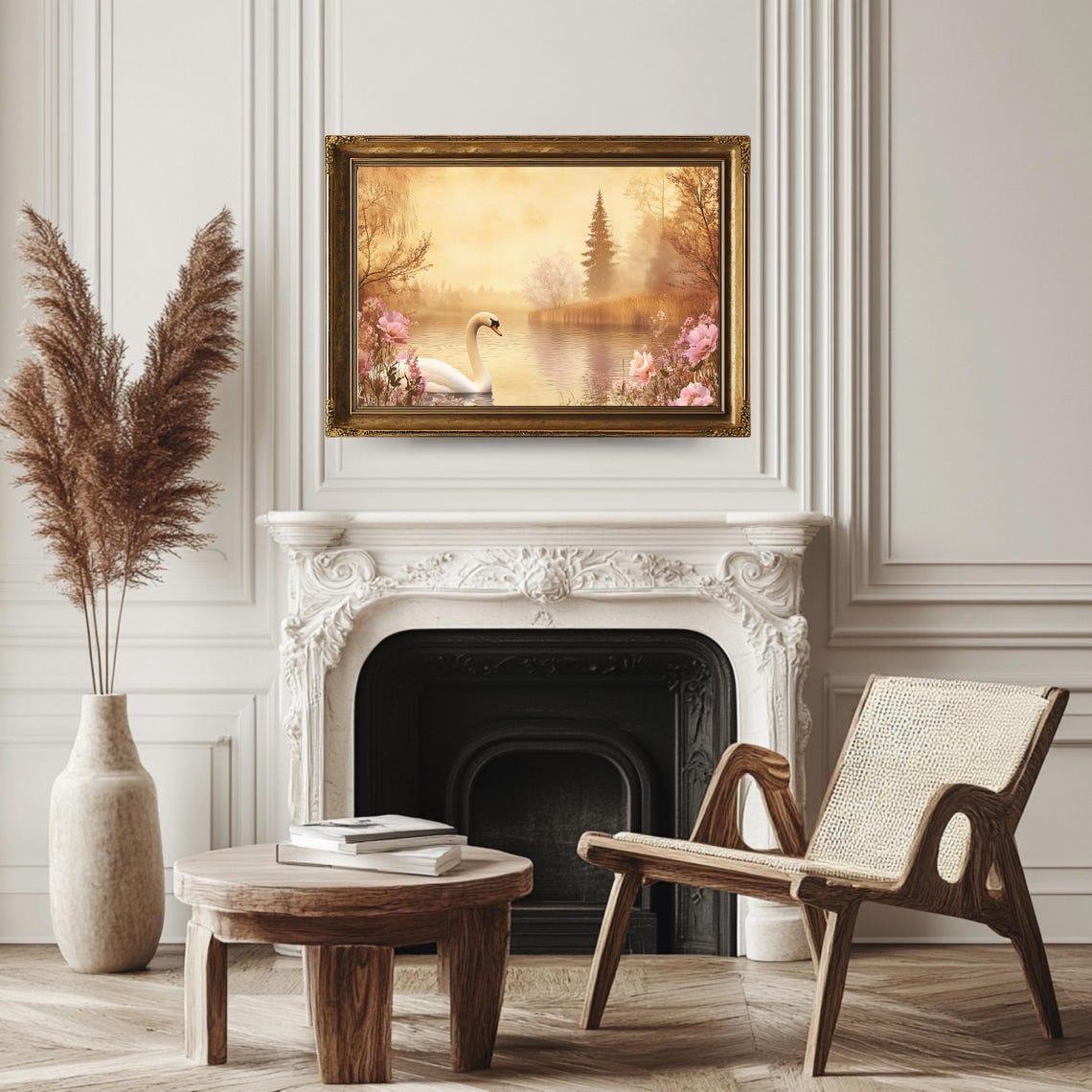 Serene White Swan Misty Golden Lake Floral Romantic Nature Poster - Image 3