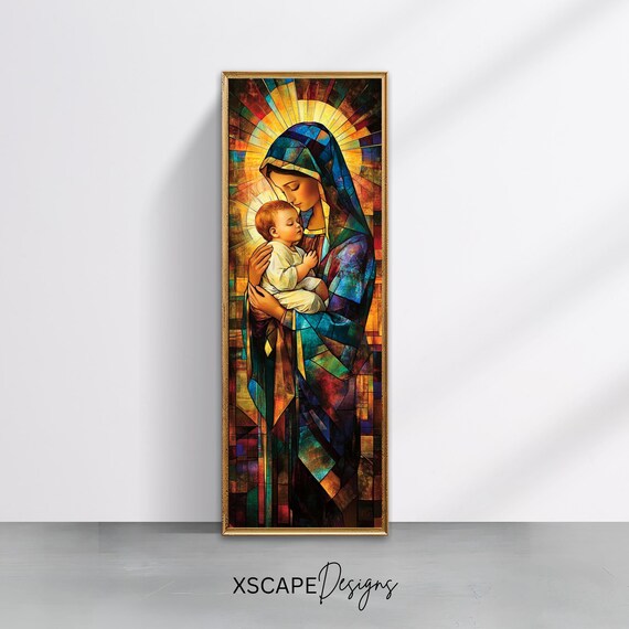Virgin Mary And Baby Jesus Stained Glass Art Print Blessed Mother Devotional Wall Decor