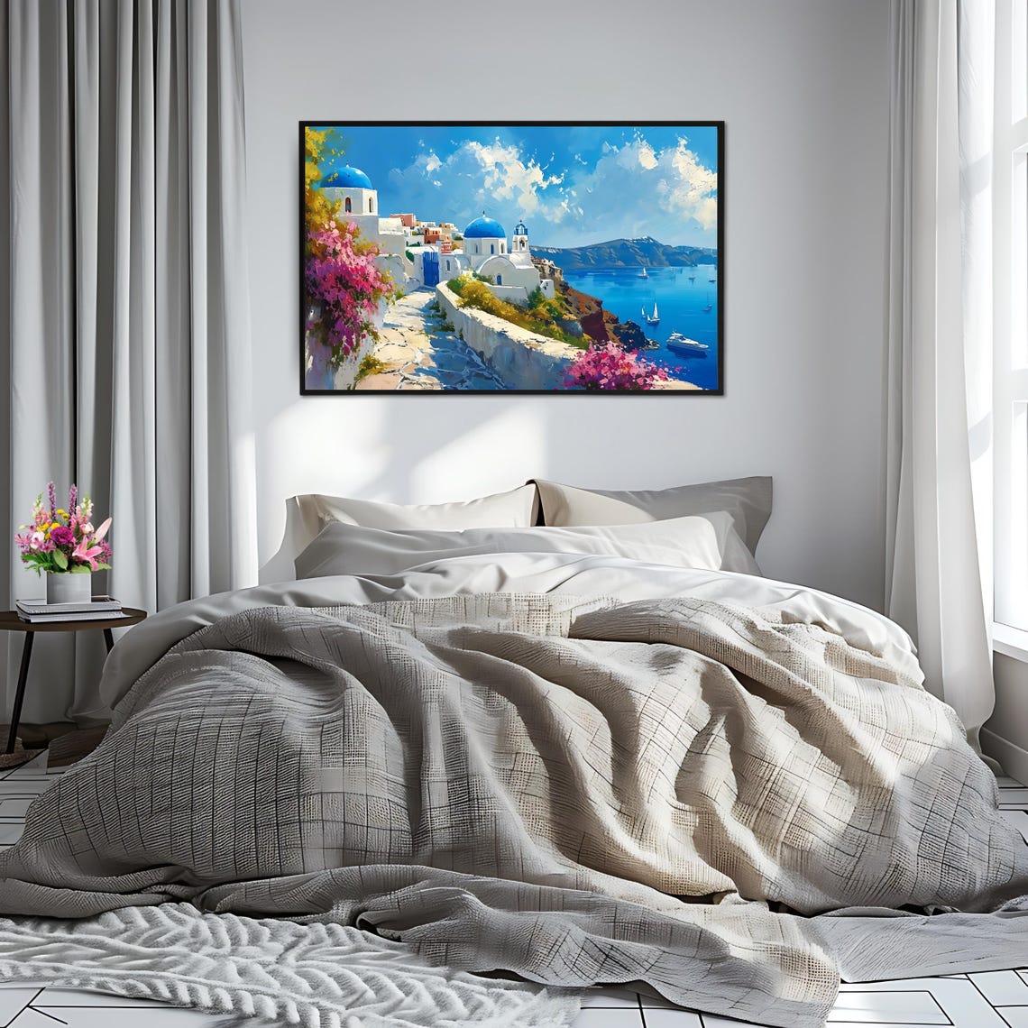 Santorini Blue Domes Bougainvillea Caldera Greek Island View Poster - Image 2