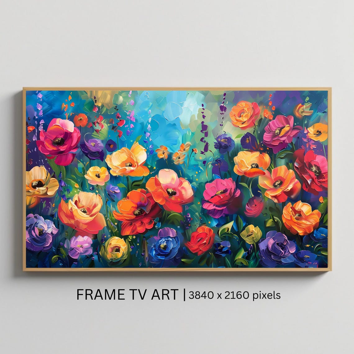 Colorful Poppies Flower Field Teal Background Vibrant Bloom Art Poster
