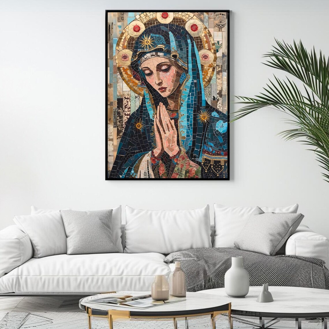 Virgin Mary Mosaic Blue Gold Praying Hands Catholic Religious Wall Art Poster - Image 4