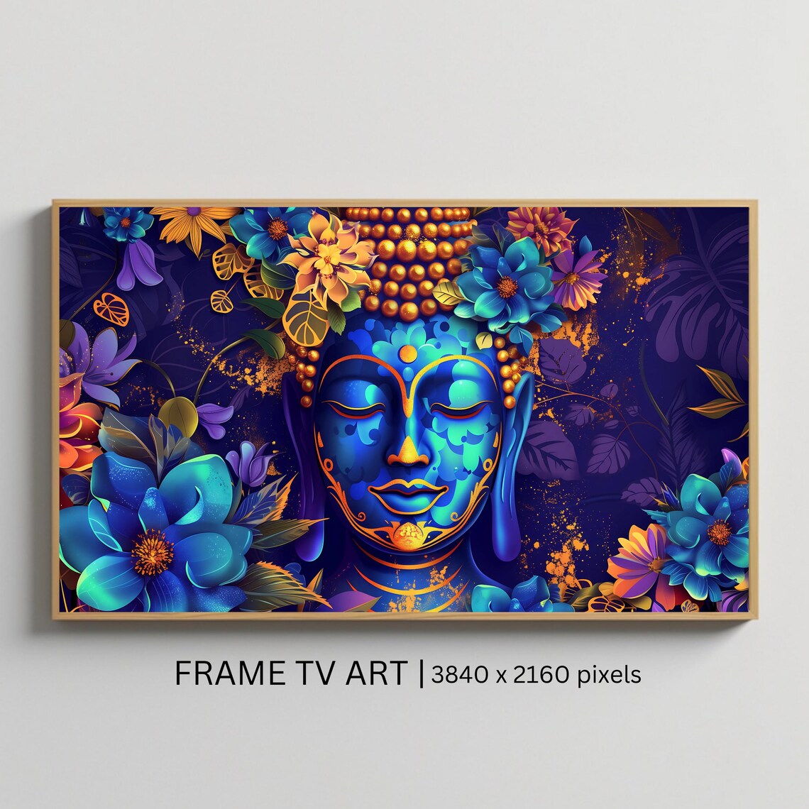 Blue Buddha Face Colorful Flowers Neon Spiritual Zen Meditation Poster