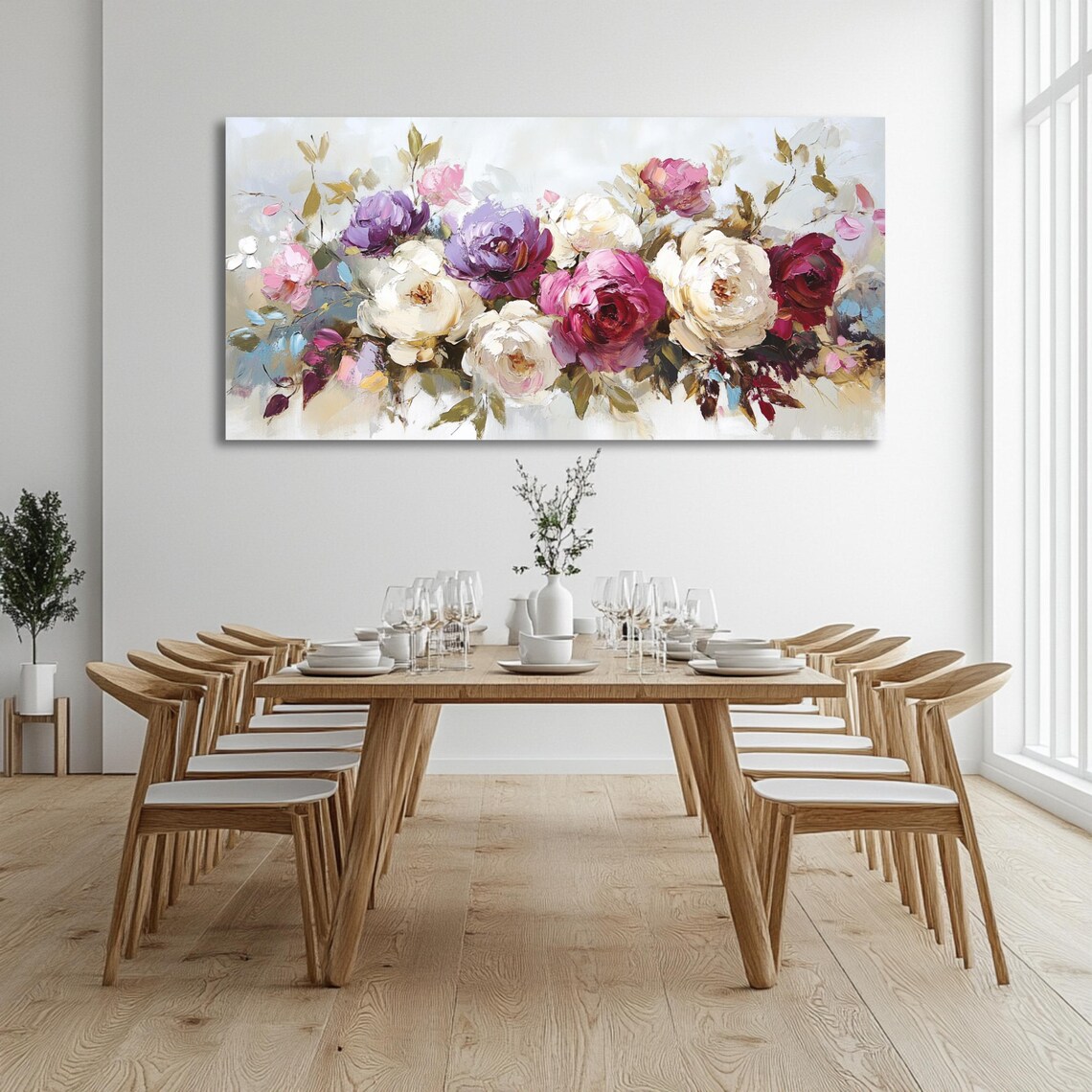 Romantic Roses Peonies Bouquet Oil Painting Panoramic Floral Wall Art - Image 3