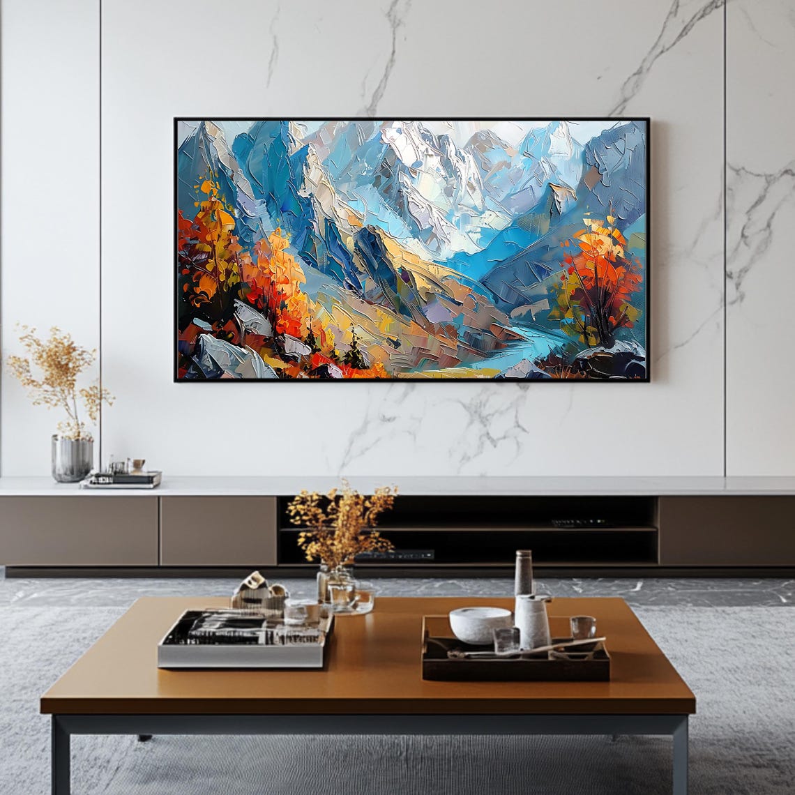 Snow Capped Mountain Vista with Autumn Forest Impasto Nature Poster - Image 2