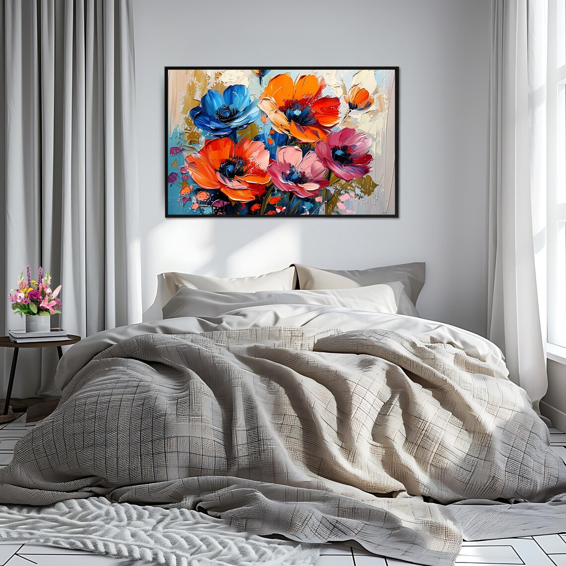 Bold Blue Orange Poppies Impasto Floral Oil Painting Wall Art Poster - Image 2