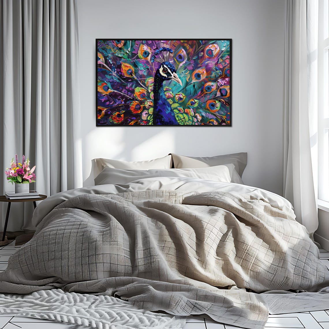 Vibrant Peacock Impasto Painting Colorful Feather Fanned Tail Poster - Image 2