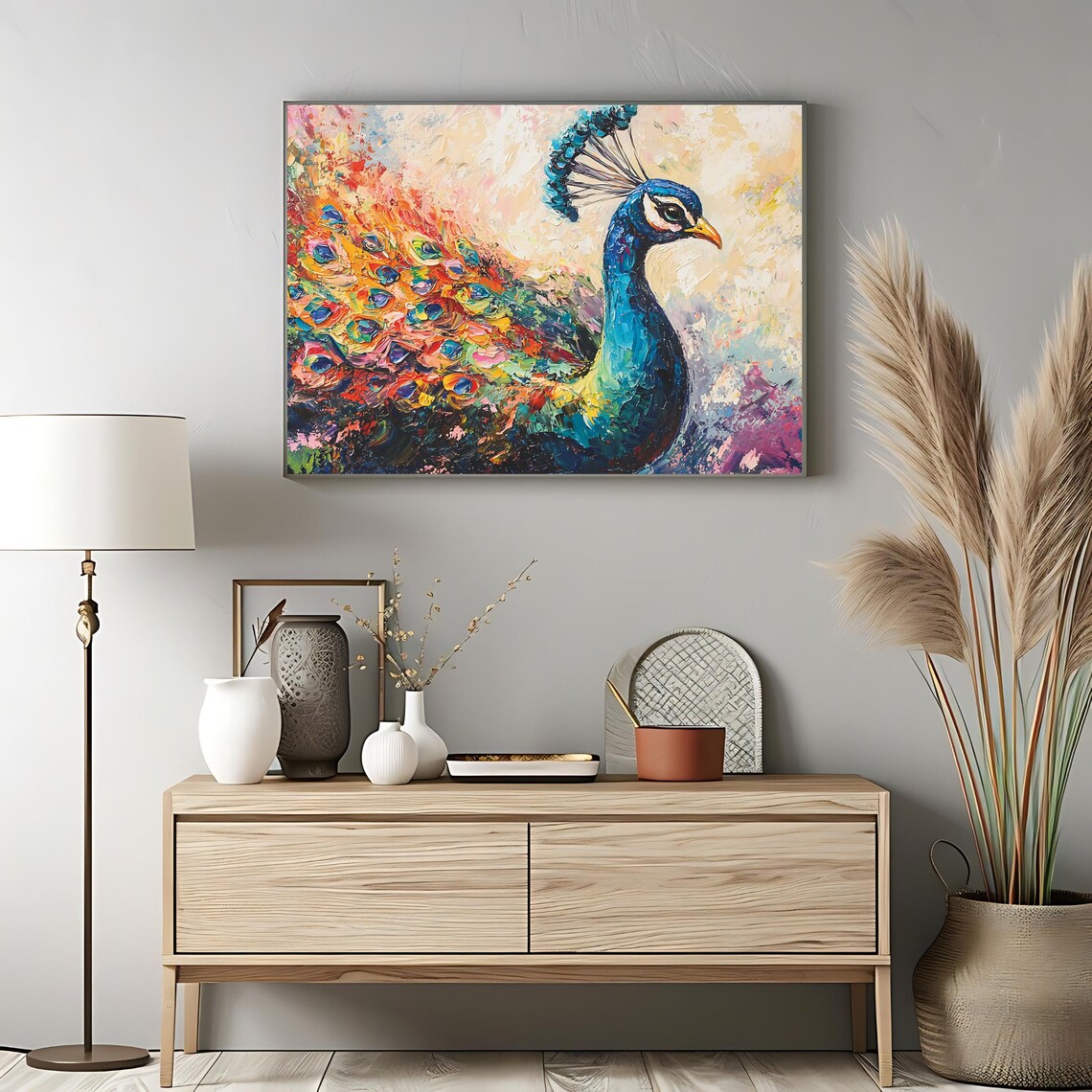 Abstract Colorful Peacock Portrait Vibrant Impasto Feather Art Poster - Image 3
