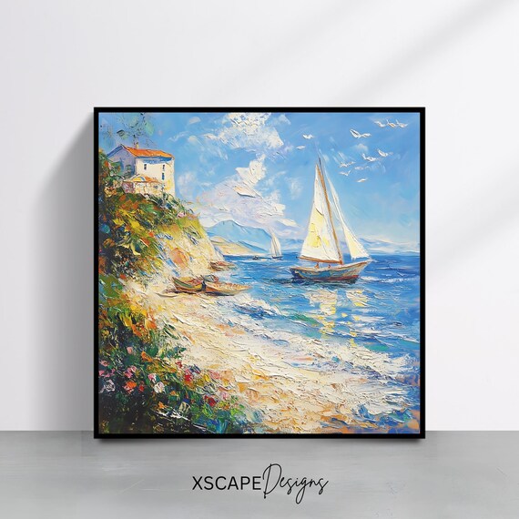 Seaside Sailboat Square Art Print Coastal Landscape Wall Art Nautical Decor