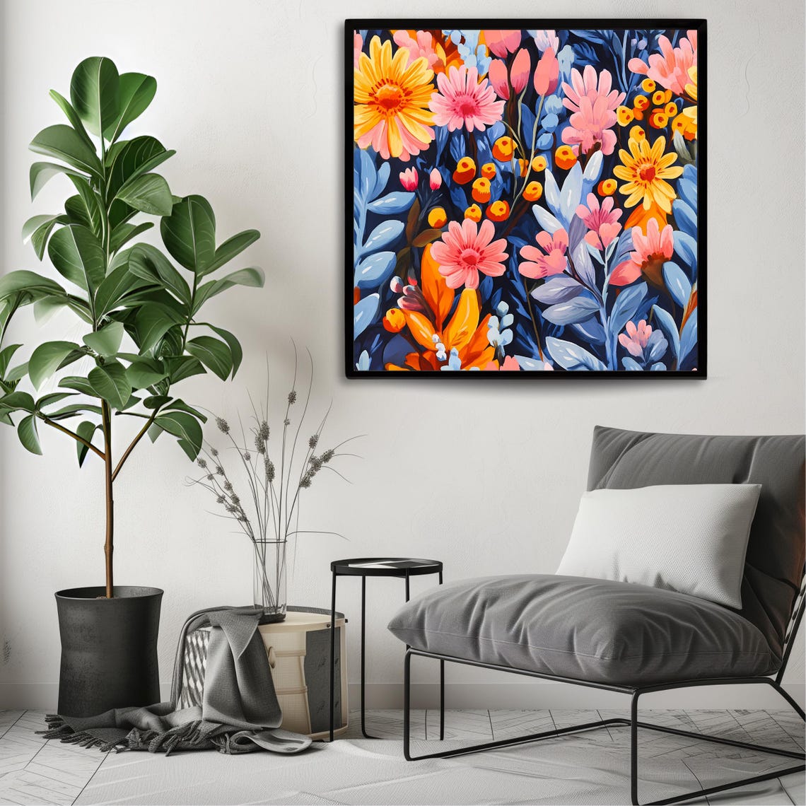 Bold Colorful Floral Meadow Painting Navy Background Botanical Poster - Image 3