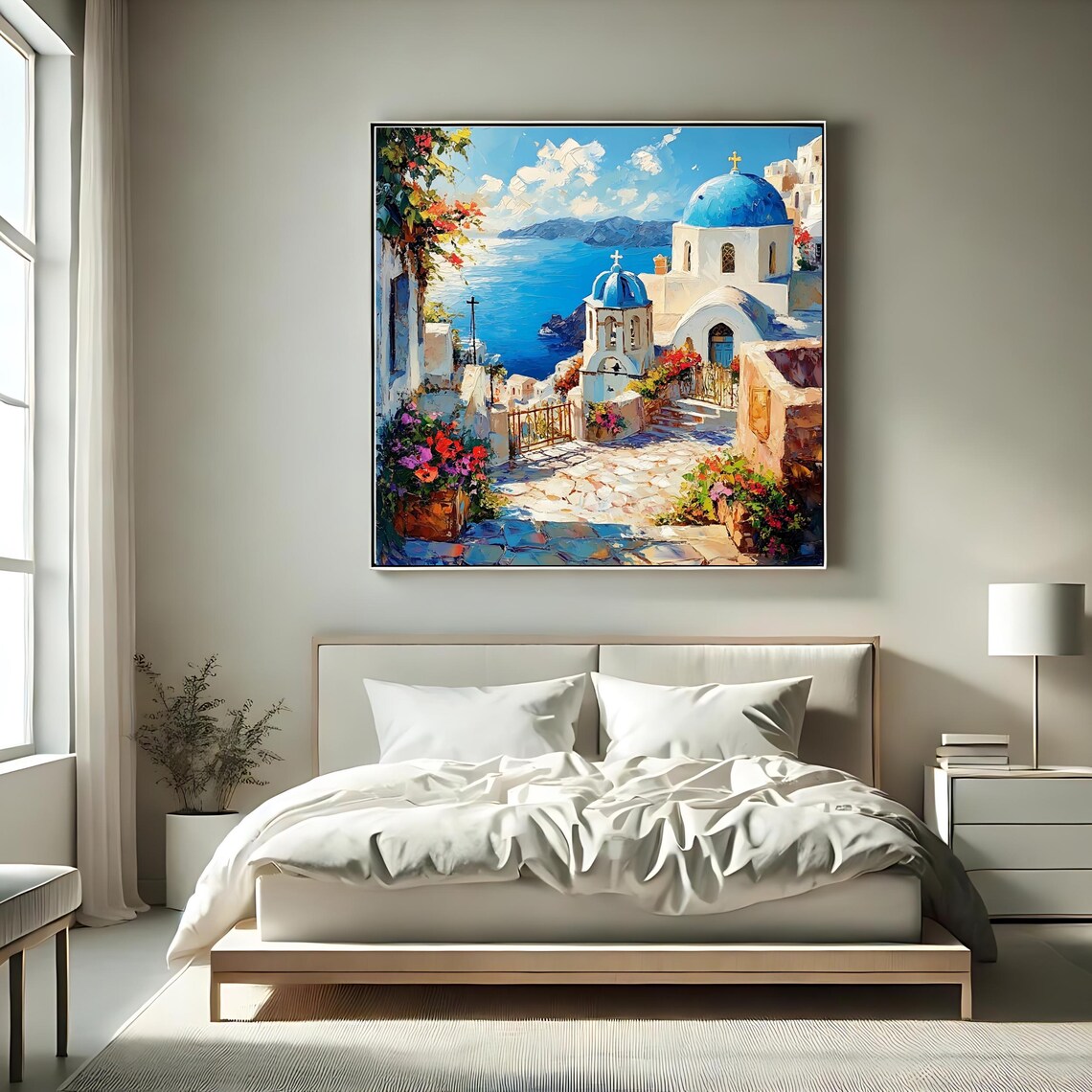 Santorini Blue Domes Church Bell Tower Flower Courtyard Aegean View Poster - Image 2