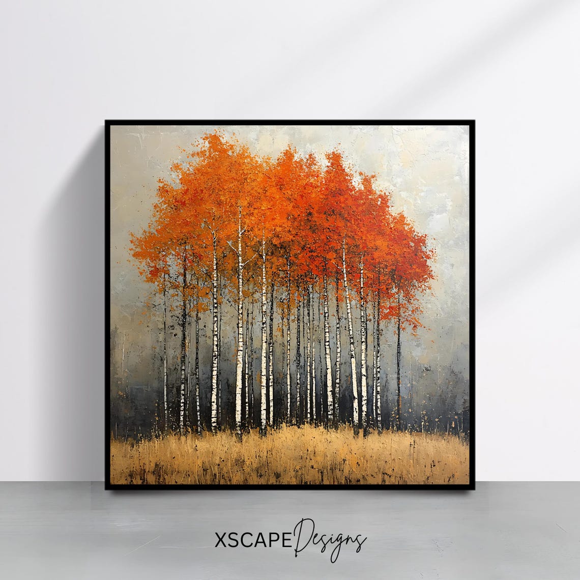 Autumn Birch Forest Orange Canopy White Trunks Misty Landscape Poster
