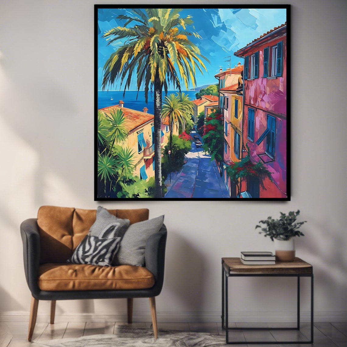 Mediterranean Street Palm Trees Colorful Buildings Blue Sea View Print - Image 3
