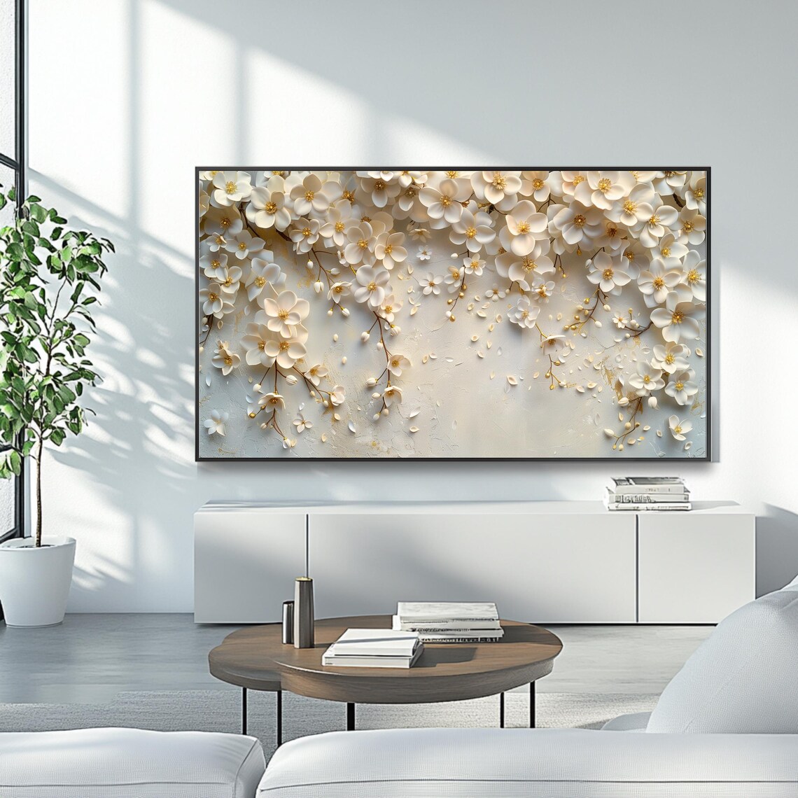 White Blossom Cascade Minimalist Floral Gold Accent Wall Art - Image 4