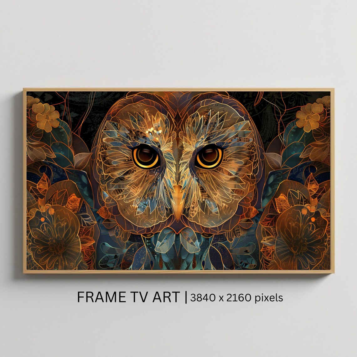 Mystical Golden Owl Art Nouveau Floral Frame TV Bird Wall Art