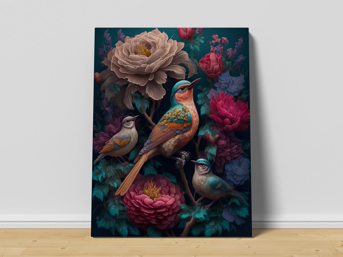 Jewel Tone Birds Among Peonies and Flowers Dark Botanical Art Poster