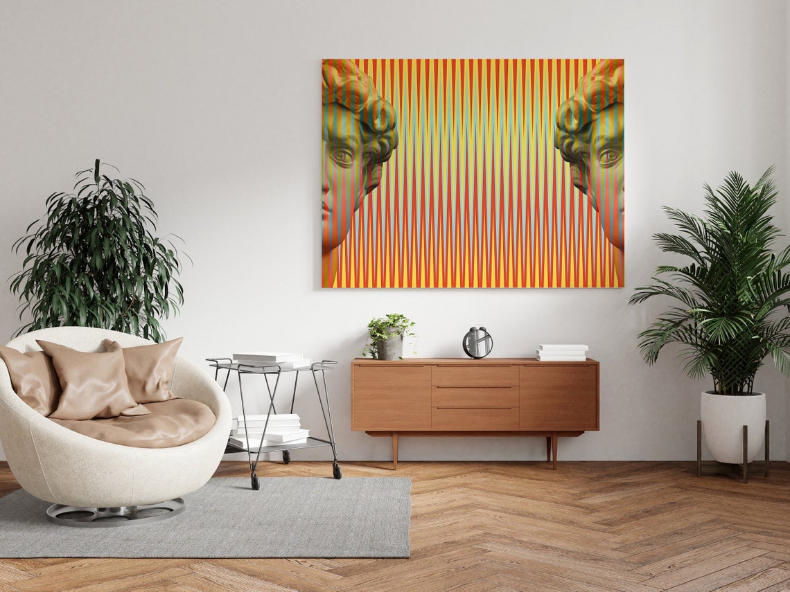 Michelangelo David Pop Art Poster Red Yellow Striped Sculpture Design - Image 3