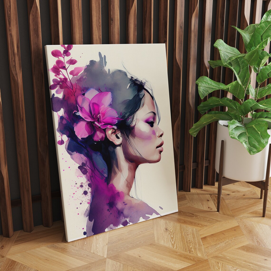Japanese Watercolor Woman Profile with a Pink Orchid Blossom Poster