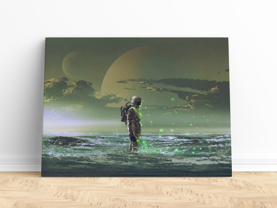 Astronaut On Alien Ocean Under Twin Moons Green Glow Space Art Poster