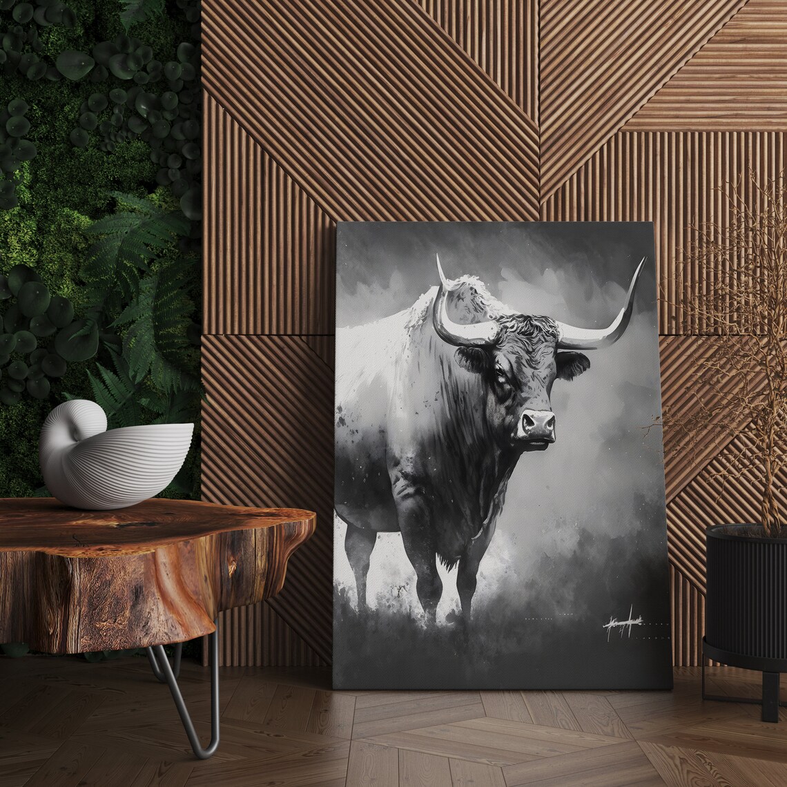 Black And White Longhorn Bull Watercolor Painting Art Poster - Image 2