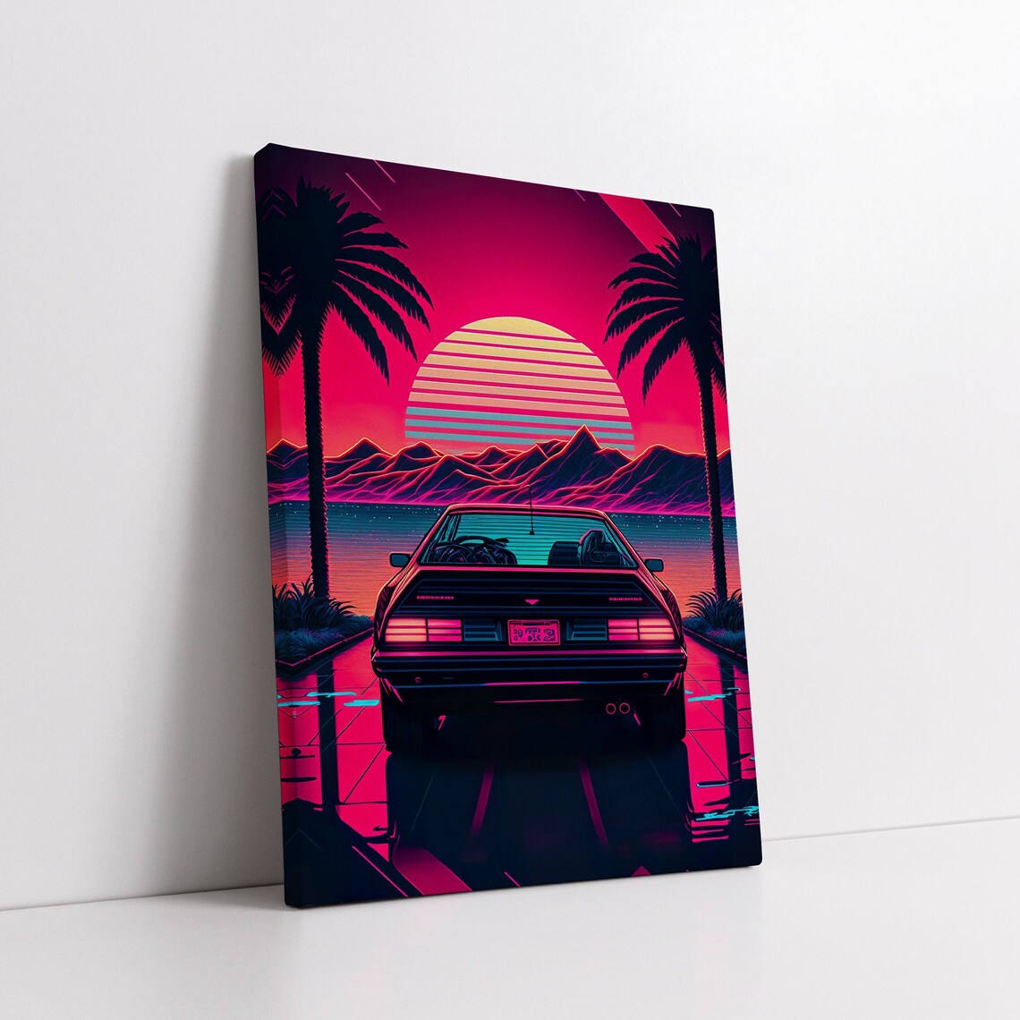 Retro Synthwave Car Driving Toward Neon Striped Sunset Poster - Image 3