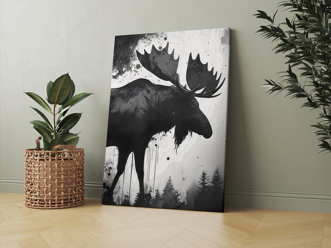 Moose Silhouette Ink Painting Poster Black And White Wildlife Forest Art - Image 3