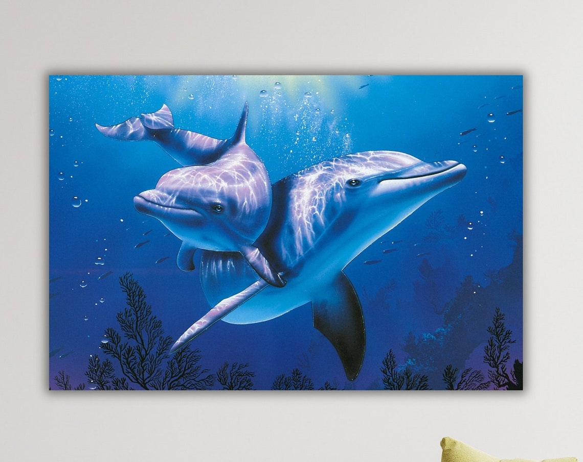 Two Dolphins Swimming Together Deep Blue Ocean Underwater Art Poster